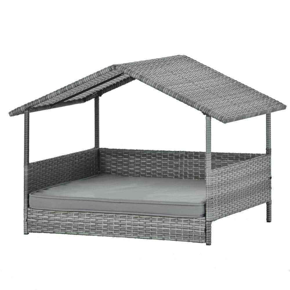 Dark Gray Medium Outdoor Furniture Pet Patio Furniture Seasonal PE Wicker Pet Furniture Dog Bed with Canopy - Pet Supplies online store