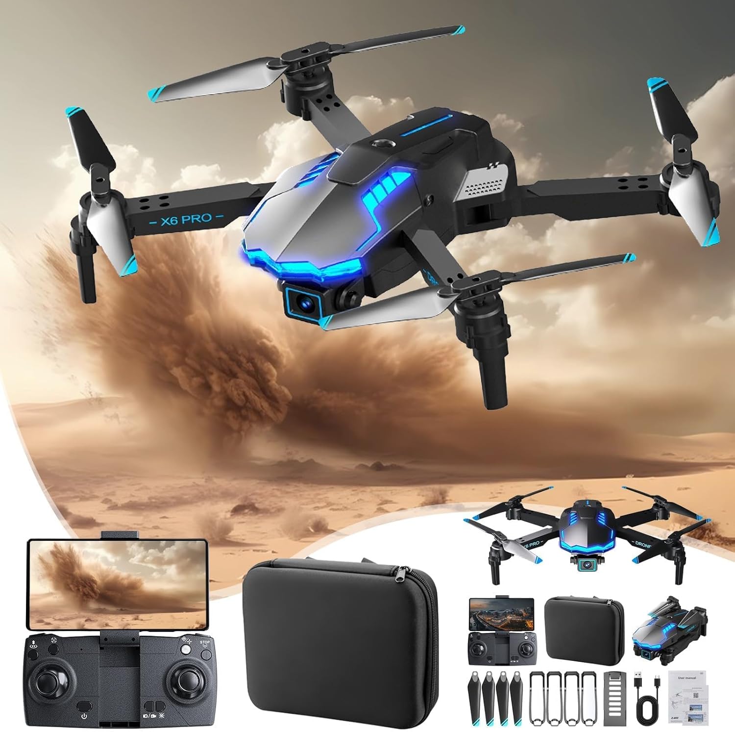 WIFI FPV Drone With 1080p HD Camera Altitude Hold - Aerial Photography Drones with Camera - Long Flight Time & Led Light, Quadcopter - Headless Mode, Foldable Remote Control - For Adults Men Gifts
