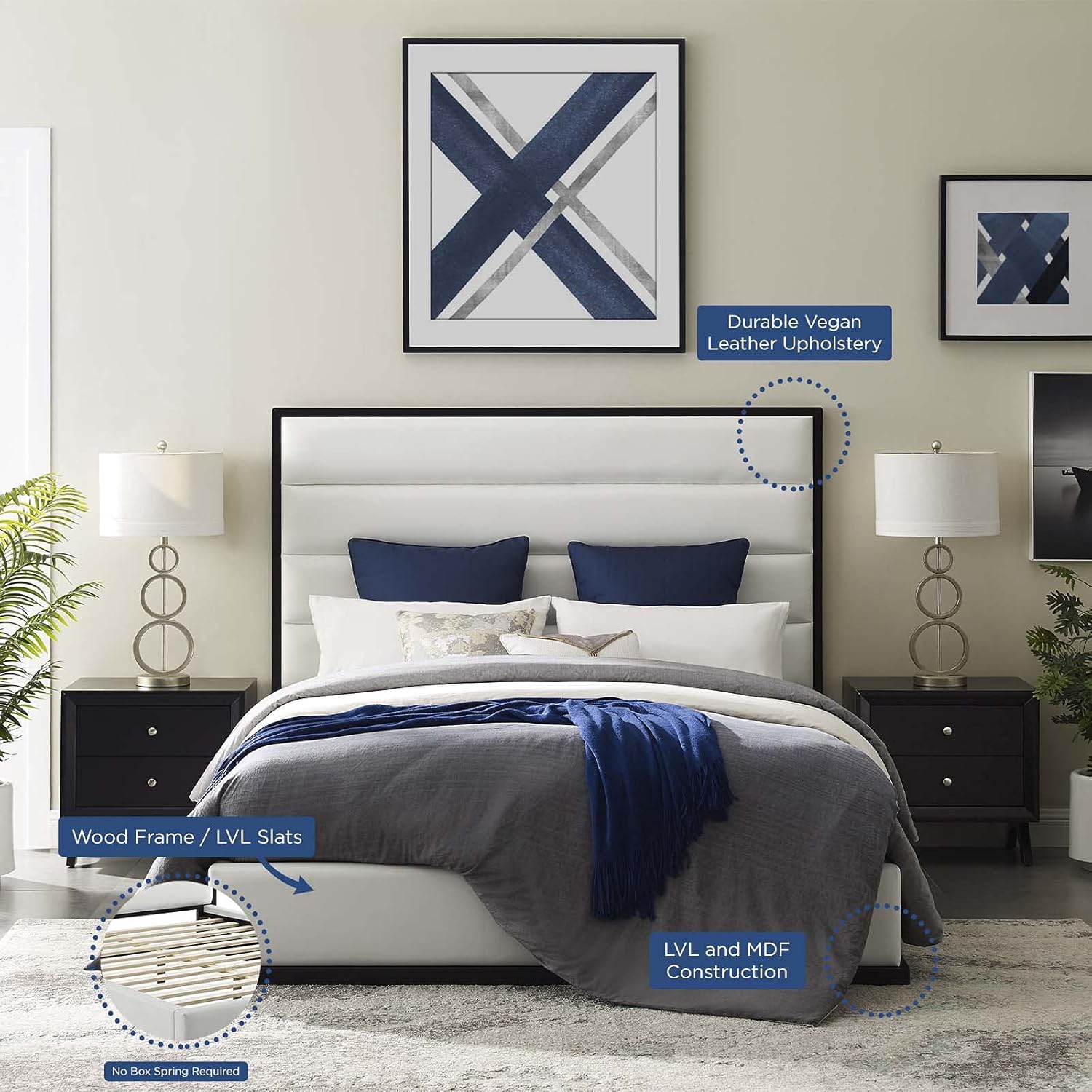 Modway Ashland Upholstered Faux Leather Queen Platform Bed Frame With Headboard In White