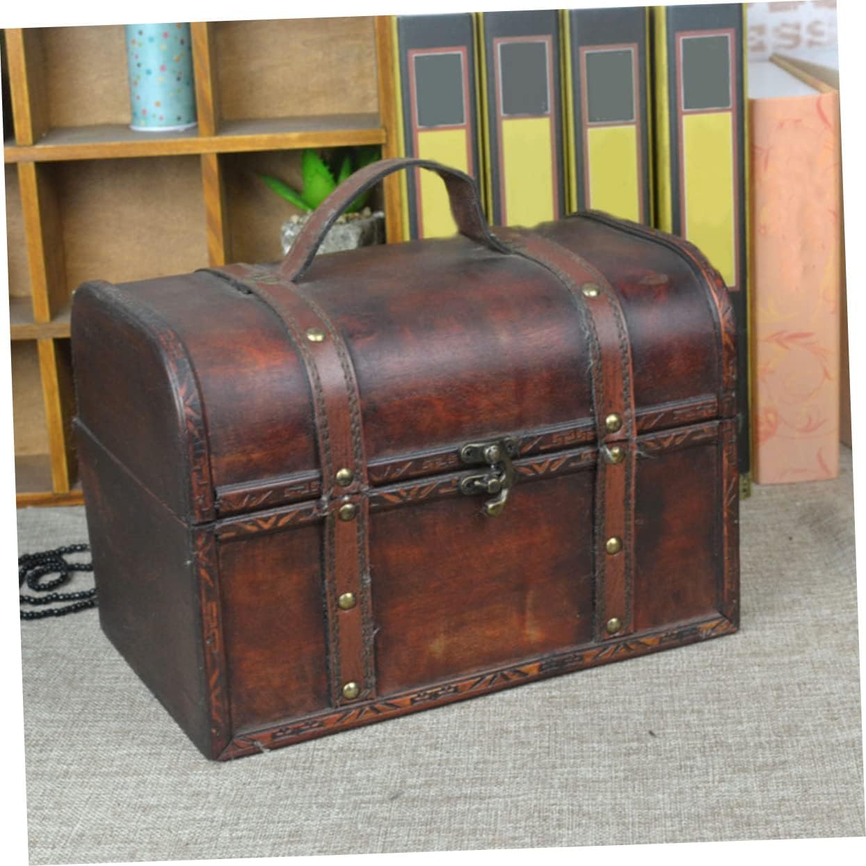 Garneck 4 Pcs vintage treasure chest jewelry organizer for necklaces trunk wood Wooden Treasure Chest with Lock Vintage Wood Chest tablescape decor Photo Prop piggy bank iron baby desktop