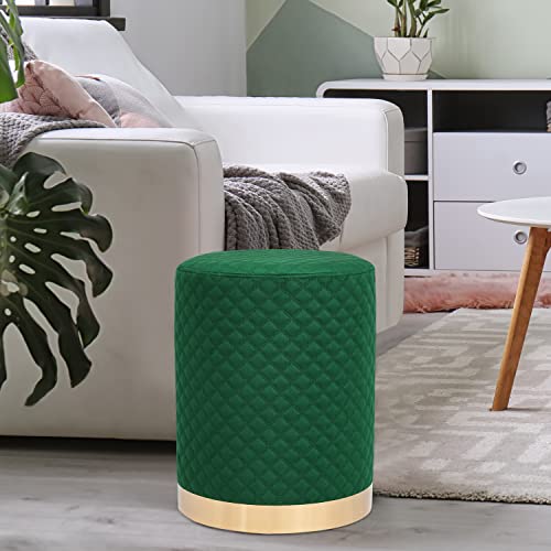 Adeco Round Upholstered Velvet Ottoman with Gold Metal Base, Makeup Vanity Chair Soft Compact Padded Foot Rest Stool for Living Room Bedroom, Green