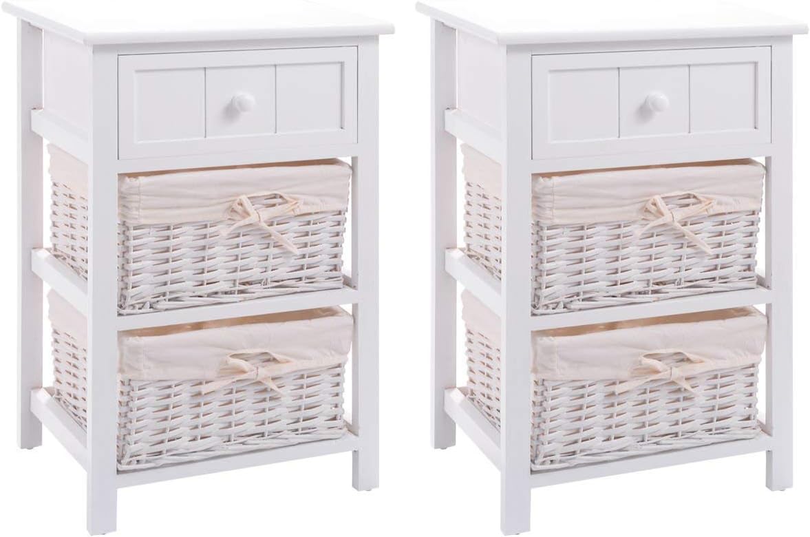 Casart White Wood Night Stand w/Storage Drawer, 2 Baskets and Open Shelf for Bedroom, Bedside Sofa Bedroom End Table Wood Nightstands (2)