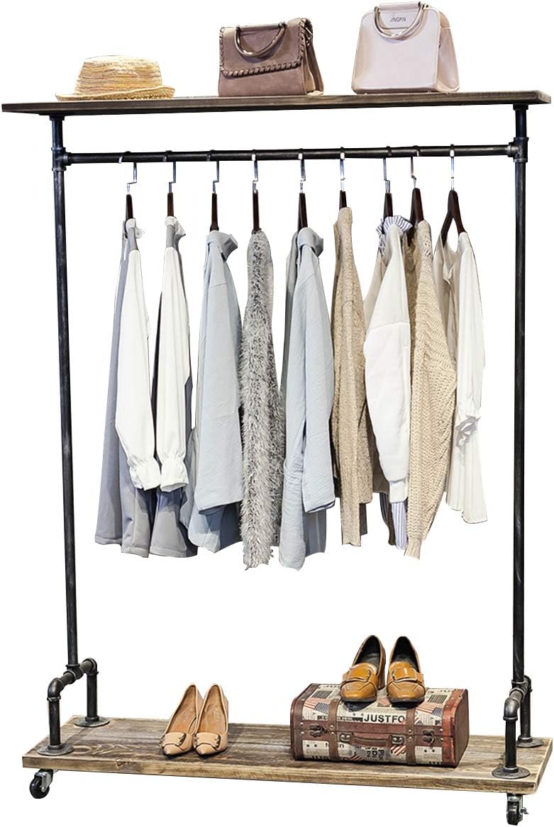 MBQQ Industrial Decorative Clothes Rack, Black Silver, Wood and Iron, 47.2