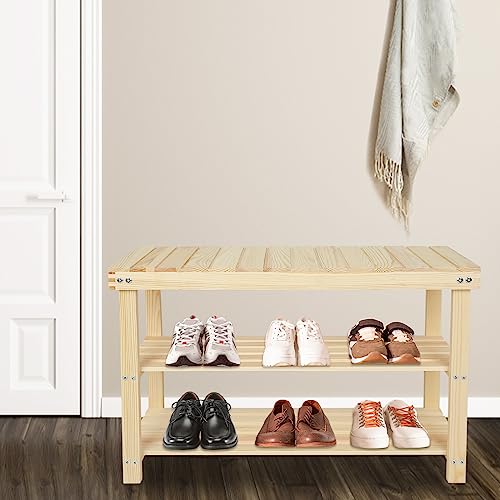 ECOMEX Shoe Rack Bench, 2-Tier Storage Shoe Shelf,Entryway Bench Seat with Shoe Storage Shelf, Wood Entryway Bench Shoe Rack, Storage Bench for Entryway Hallway，Nature,L
