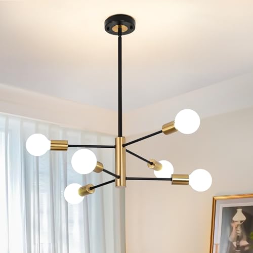 6-Light Sputnik Chandelier for Dining Room, Black Gold Modern Mid Century Chandeliers, E26 Base, Branch Height Adjustable Pendant Sputnik Lighting Fixture for Kitchen Island Living Room