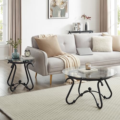 Coffee Table Set of 2 with Tempered Glass Surface & Ironwork, Modern Simple Circular Center Table for Small Space Living Room Home, End Table with Frame Round and Tempered Glass Side Table