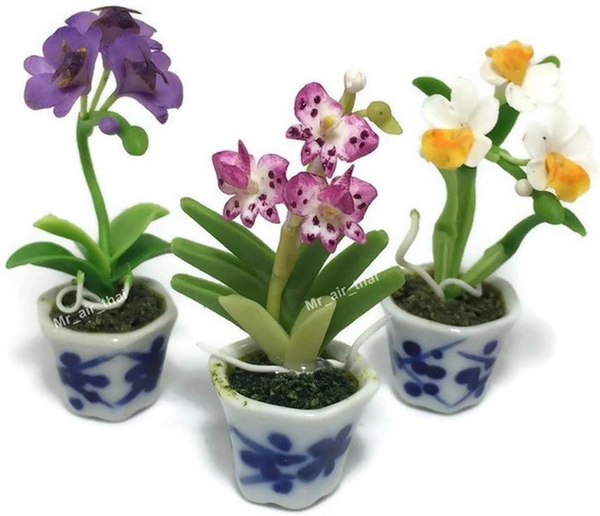 3pc Miniature Flower Clay Dollhouse Fairy Garden Mini Plant Trees Ceramic Paint Furniture Bundles Artificial Flowers Tiny Orchid #080