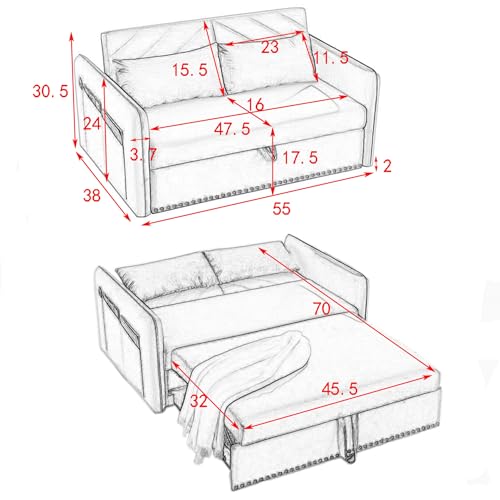 Velvet Lounge Sleeper Sofa Bed with USB Port, 3-in-1 Pull-out Bed Adjustable Backrest, 2 Lumbar Pillows and Side Pocket, Convertible Futon Sleeper Sofa Bed, Living Room Loveseat Modern Furniture Green