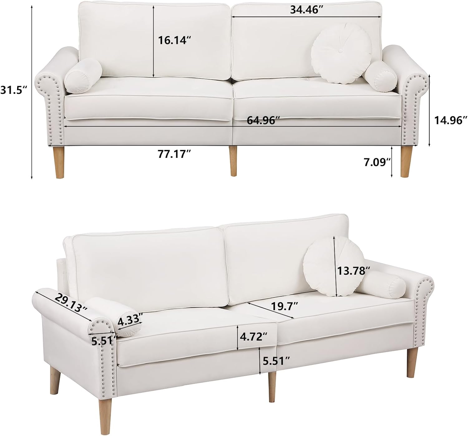 Velvet Sofa Couch - 77” Loveseat Sofa Couch with 3 Pillows,Rolled Arm with Copper Nail Decor,Modern Comfy Sofa for Living Room,Apartment,Dorm, Office(White)