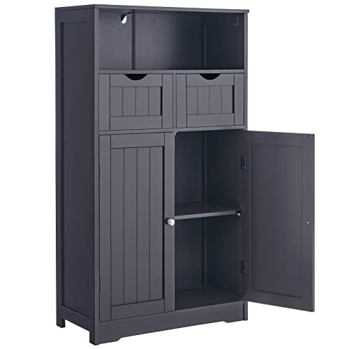 Iwell Large Storage Cabinet, Bathroom Cabinet with 2 Drawers & 2 Shelves, Cupboard, Bathroom Floor Cabinet for Living Room, Home Office, Natural & Black
