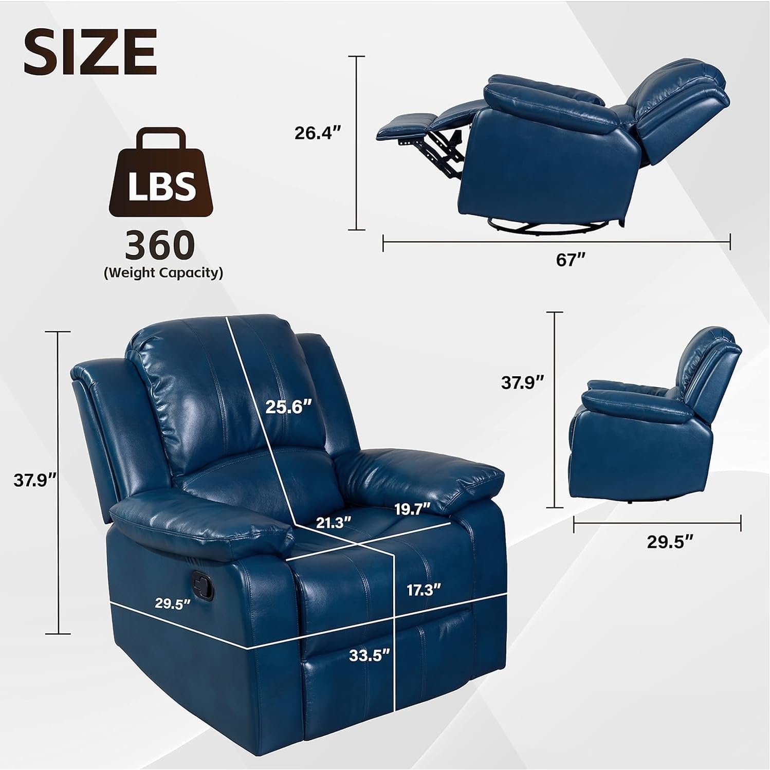 Blue Leather Manual Recliner Chair Overstuffed Headrest Footrest Solid Modern Contemporary Recline