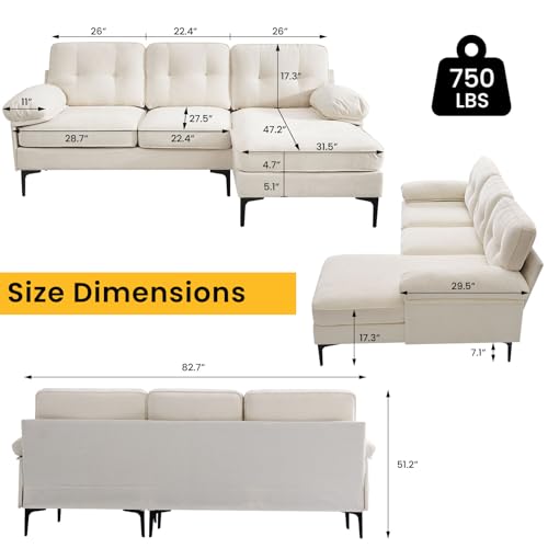 COHOME 83in L-shaped Couch, Chenille Upholsted Sofa with Reversible Chaise,3-Seat Couch for Living Room, Convertible Sectional Couch with Removable Covers,Grey