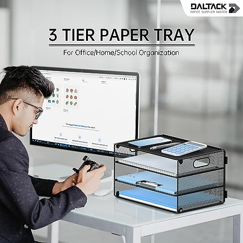 DALTACK 3 Tier Letter Tray Paper Organizer with Handle, Mesh Desk File Organizer, Paper Tray Desk Organizer for School Office Home, Metal Mesh, Purple