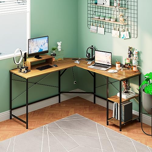 Maxtown L Shaped Desk with Power Outlets, Large Computer Desk with Monitor Stand & Storage Shelves, Home Office Desk Corner Desk Gaming Desk, Teak