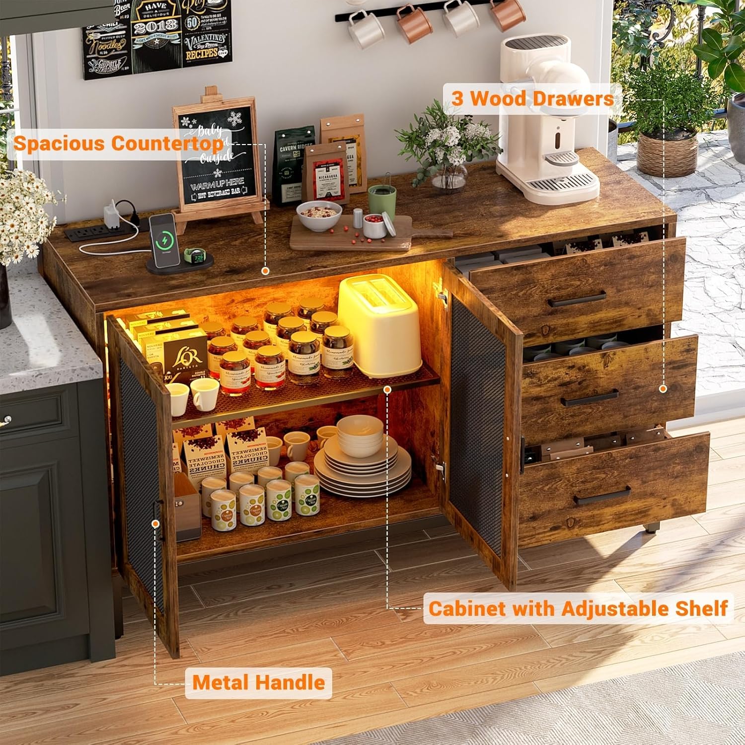 Rustic Sideboard Buffet Storage Bar Cabinet with Drawers and Led Lights 45.27'' W Black Brown Cabin Lodge Farmhouse Shabby Chic MDF Metal Distressed Wood Finish