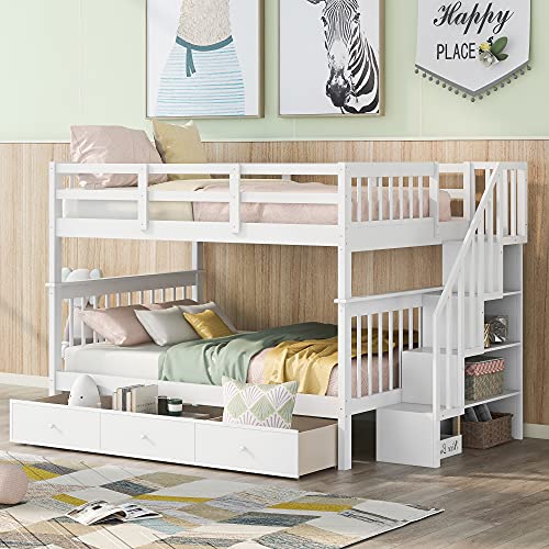 Twin-Over-Full Bunk Bed with Drawer,4 Storage and Guard Rail, Twin-Over-Full Bunk Bed for Bedroom, Dorm, for Family,Teens,No Box Spring Needed