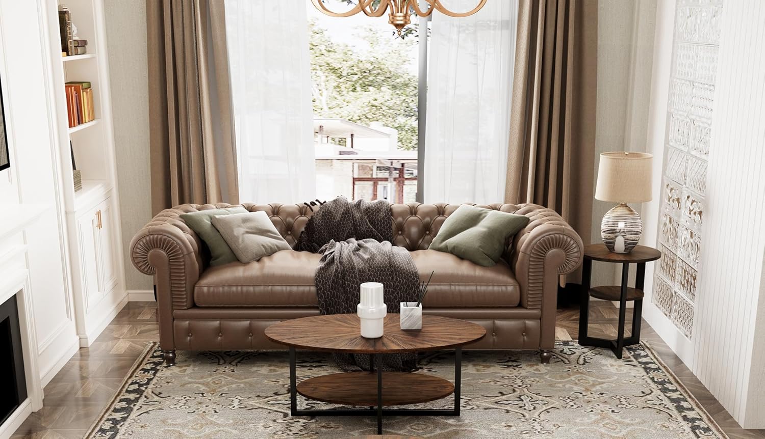 Solid Wood Coffee Table End Table Set with Cross Metal Legs, 2-Tier Modern Industrail Center Table with Open Shelf for Living Room Bedroom