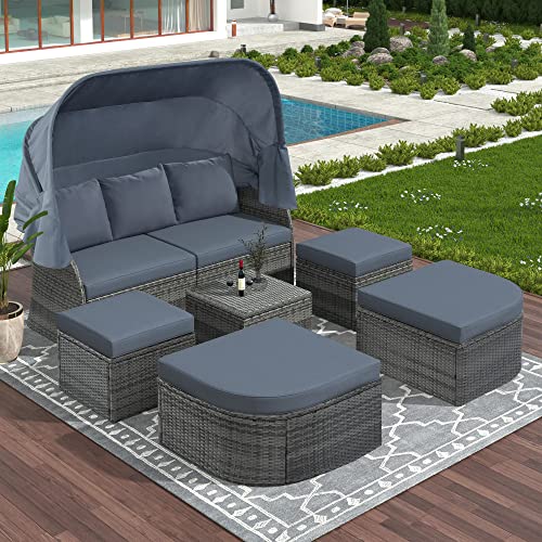 LUMISOL Outdoor Sunbed with Retractable Canopy, All Weather Rattan Conversation Set, Patio Wicker Daybed Sectional Conversation Lounger Set, Adjustable Seats, Blue