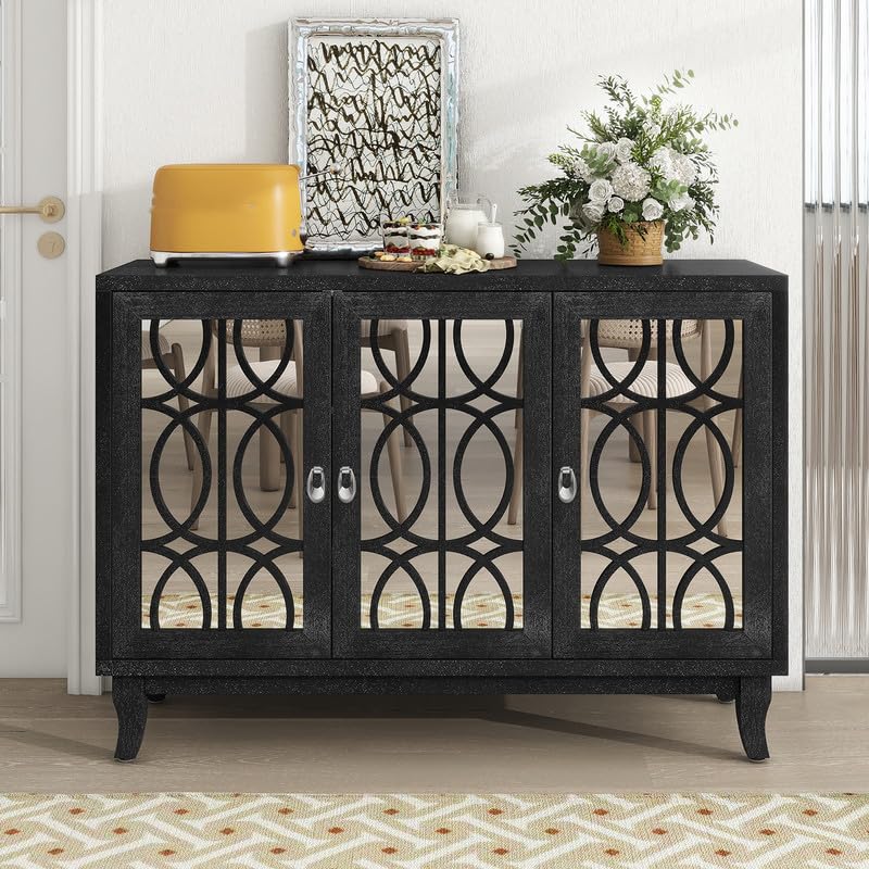 Sideboard Buffet Cabinet with Glass Doors 3 Door Accent Storage Cabinet, Mirrored Console Table with Adjustable Shelves for Living Room Dining Room Hallway Easy to Assemble (Black)