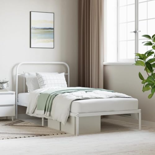 vidaXL Powder-Coated Steel Bed Frame with Headboard, White - Durable, Elegant Design, Extra Storage Space, Ideal for Any Wardrobe