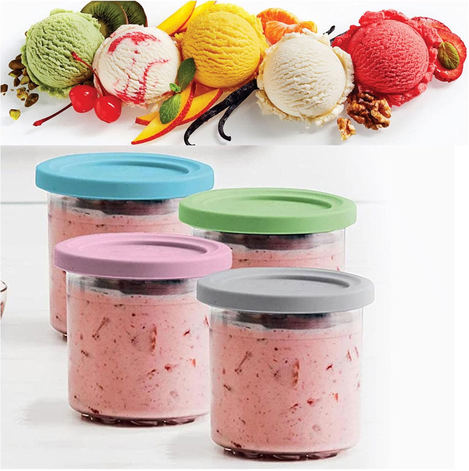 Creami Pints and Lids, for Ninja Creami Ice Cream Maker Pints, Ice Cream Containers Pint Reusable,Leaf-Proof for NC301 NC300 NC299AM Series Ice Cream Maker