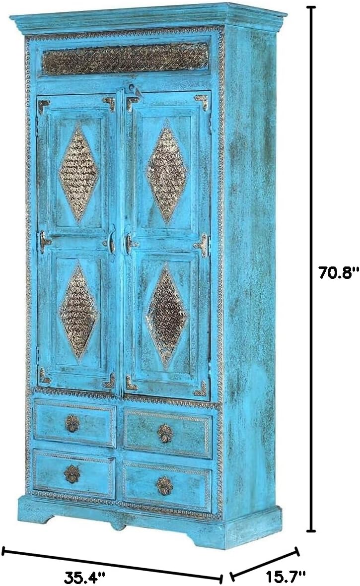 AntiqueBrass Work Indian Solid Wood Cabinet with Shelves and Drawer Storage Units Indian Solid Wood,Living Room Bedroom Furniture,Modern Cabinet