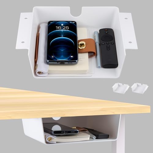 4 PACK Under Desk Storage Shelf - Maximize Your Workspace with Under Desk Drawers - Easy Organizing, Non-Marking Tape Installation, ABS Plastic Material - Perfect for Home & Office - White