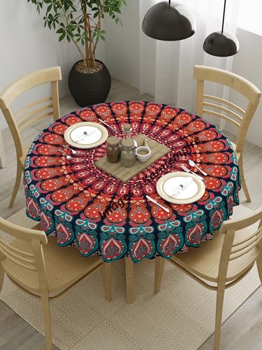 Indian Mandala Round Bohemian Beach Throw Boho Gypsy Cotton Tablecloth Rug Yoga Mat Table Cover Tabletop for Home Dining Kitchen Wedding Parties Holiday Picnic 50 Inches (Red & Orange)