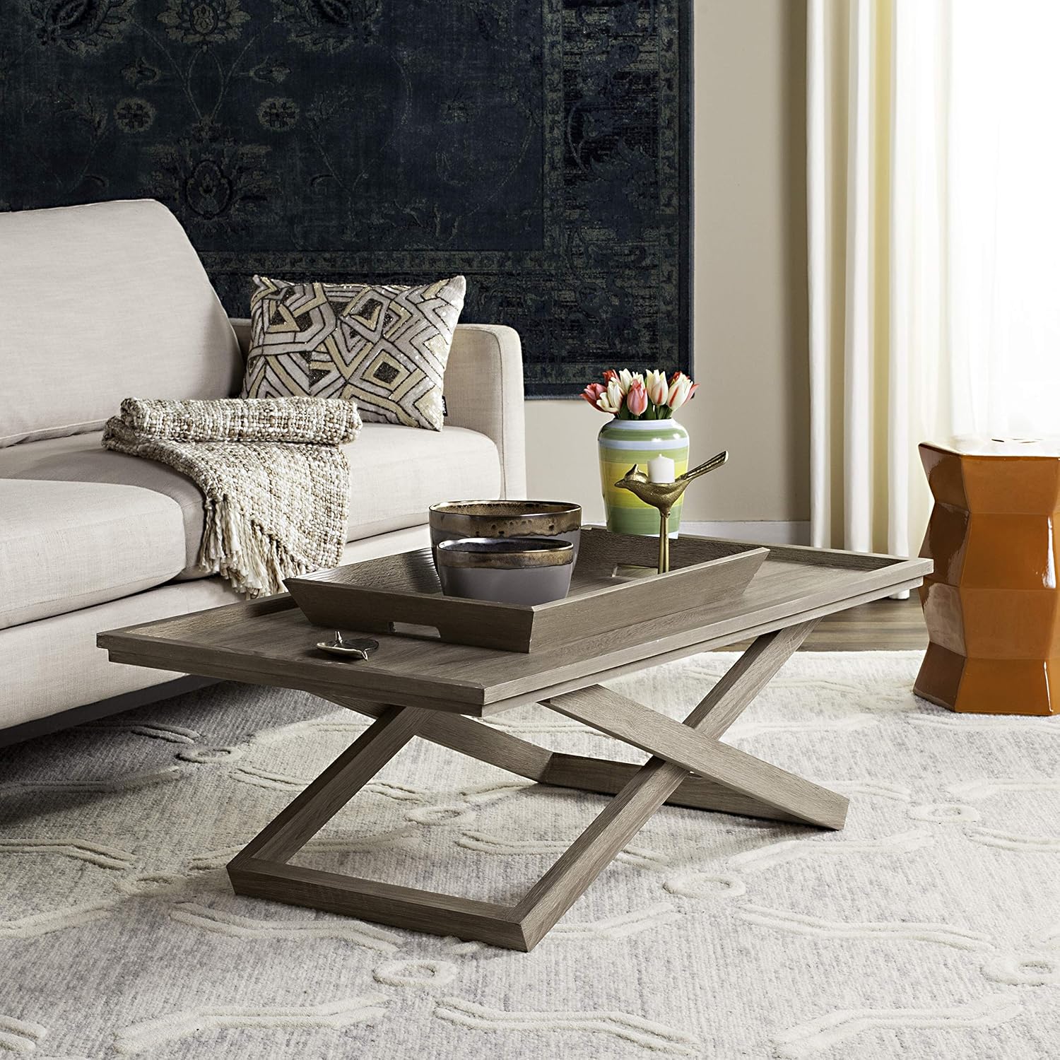 Safavieh Home Collection Arleana Light Oak Cross Leg Coffee Table with Tray
