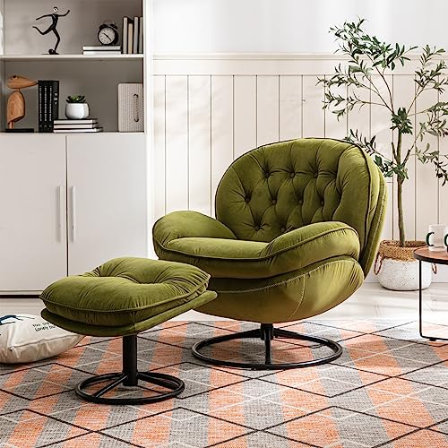 Modern Swivel Accent Chair with Ottoman, Velvet Lounge Chair with Footrest and Metal Base, Comfy 360 Degree Swiveling Armchair, Single Sofa Chair for Living Room, Bedroom, Beige