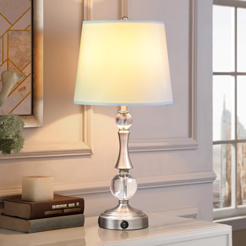 Modern Table Lamp for Living Room Bedroom, Crystal Nightstand Lamp with USB Charging Port, Silver Desk Lamp for End Table Bedside, Linen Fabric Shade, LED Bulb Included (Silver)