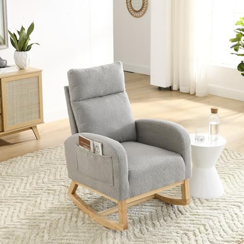 Modern Rocking Glider Chair, Teddy Fabric Upholstered Accent Rocker Chair with High Backrest and Armrests, Leisure Single Sofa with Wooden Legs and Side Pockets, for Living Room Bedroom Office, Coffee