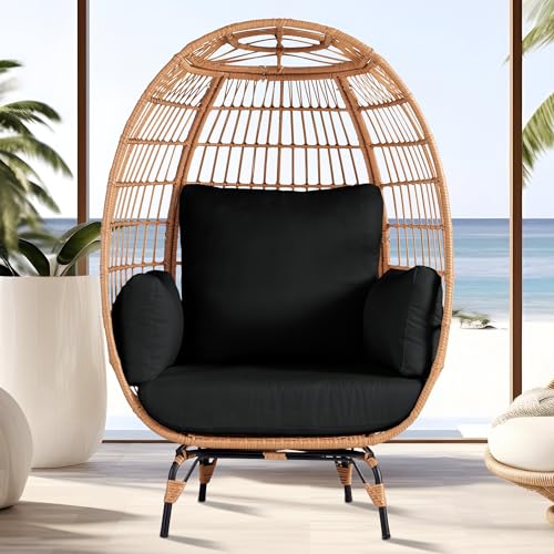Outdoor Egg Chair, PE Wicker Chair with 4 Thicken Cushions, Patio Chairs 440 lbs Capacity, Oversized Balcony Chairs with Durable Steel Frame Perfect for Balcony, Backyard, Bedroom-Dark Black