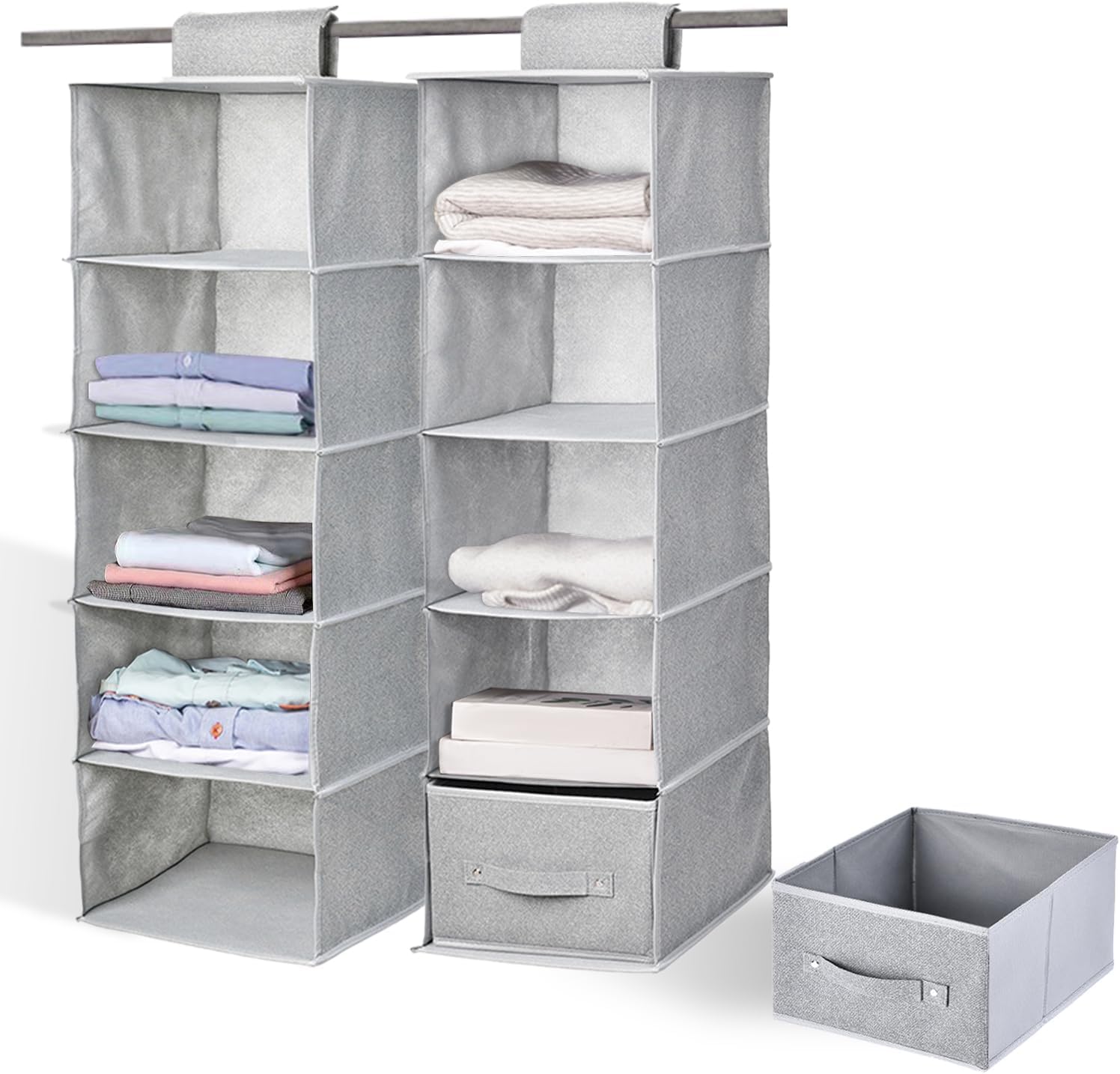 5 Tiers Hanging Shelf Closet Organizer and Storage with Dividers, Haning Storage with 2 Removable Drawers, Collapsible Closet and Storage Organization for Clothes Bags Dorms Rooms