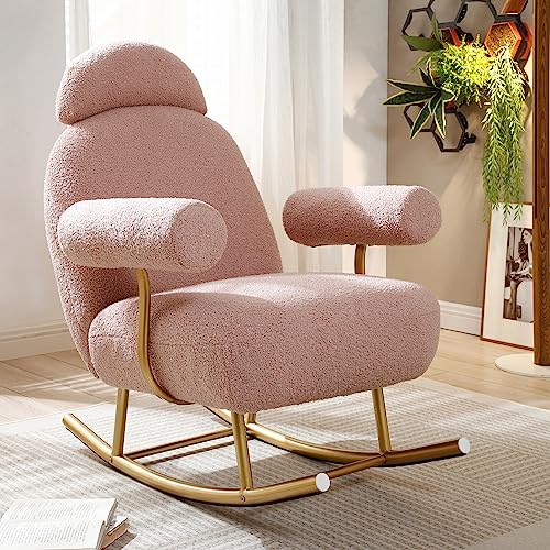 Nursery Rocking Chair,Modern Sherpa Fabric Accent Upholstered Rocker Glider Chair for Baby and Kids,Comfy Armchair with Gold Metal Frame,Leisure Sofa Chair for Nursery/Bedroom/Living Room,Beige