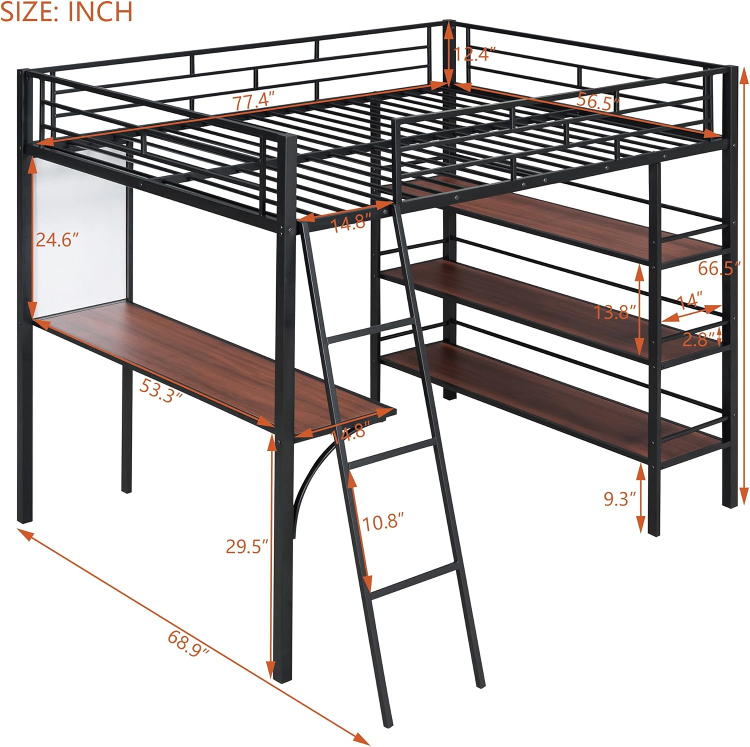 Loft Bed Full Size with Desk, Whiteboard and 3-Tier Open Shelves, Modern Metal Bedframe w/Guardrails & Ladder for Kids Teens Adults, No Box Spring Needed Mattress Foundation