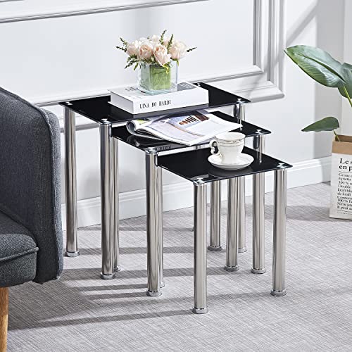 3 Nested Table Glass Living Room Nesting Table set of 3 End Table for Sofa Side, Nesting Side Coffee Table for Couch, Modern Balcony Nesting Table Set of 3 (Grey)