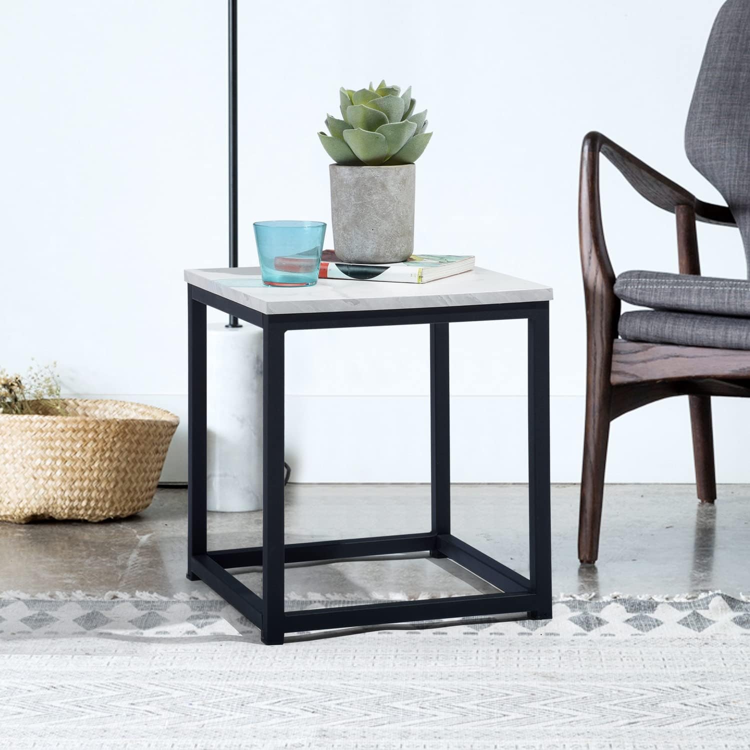 Modern Square White Marble Print End Table/Side Table with Black Metal Frame for Living Room Bedroom, 13.8''D x 13.8''W x 15.7''H
