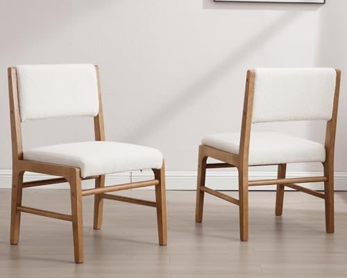 VESCASA Upholstered Dining Chairs with Rectangular Cushion Back, Mid-Century Modern Padded Dining Chairs with Wood Legs for Dining Room, Kitchen, Set of 4, White Sherpa Fleece