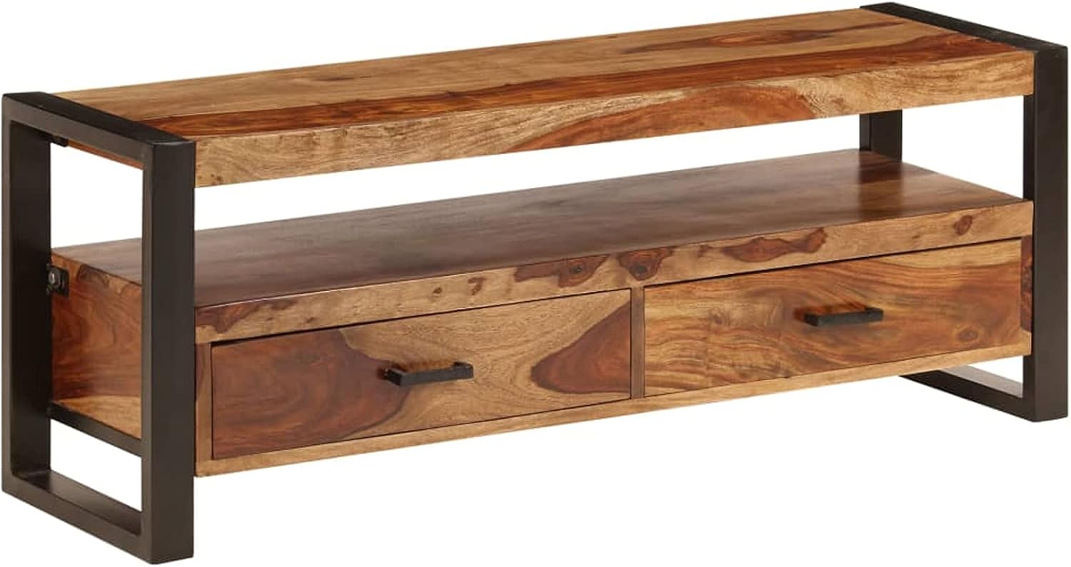 Tidyard Wooden TV Cabinet with Storage Drawers and Open Shelf Sheesham Wood Television Stand Sofa Couch End Side Table Steel Legs for Living Room Home Furniture 47.2 x 13.8 x 17.7 Inches (W x D x H)