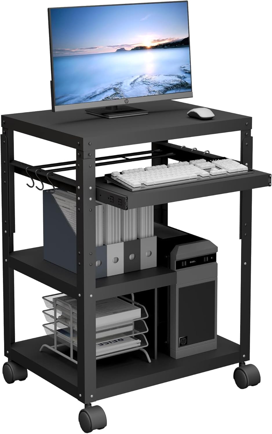 AV Cart with Wheels, Metal Rolling Media Cart & Stands with Keyboard Tray and Storage for Projector, Adjustable Height Presentation Cart Table for School Classroom and Office, Line Leader AV Carts