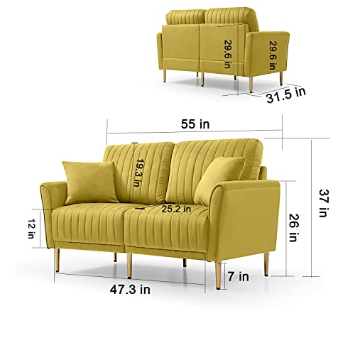 Velvet Sofa with 2 Throw Pillows,Chesterfield sofa Living Room Couch two Seater Couch with 6 Gold Metal Legs,W57