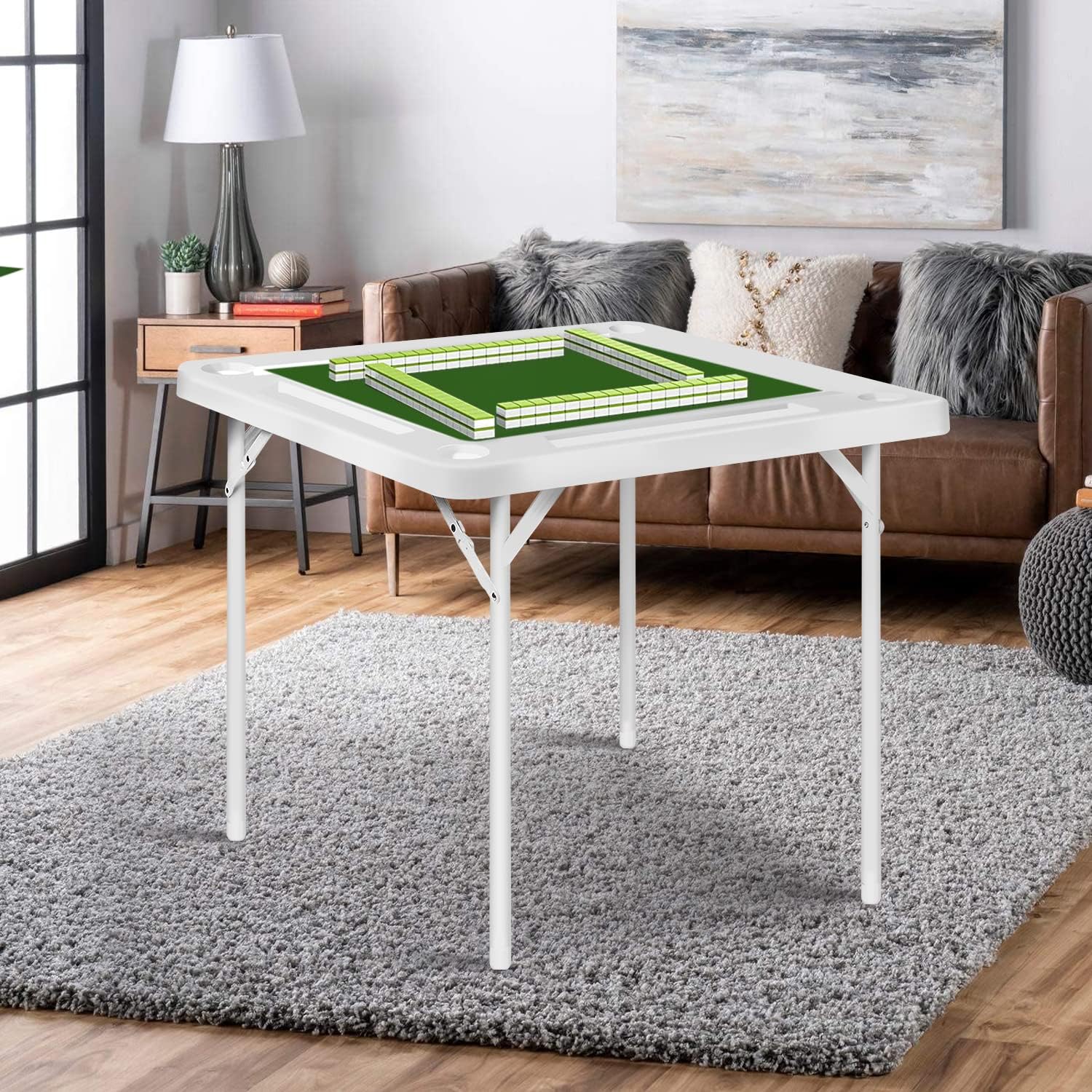 40.2’’ Mahjong Table - Square 4-Player Mahjong Table Foldable with Cup Holders and Trays, Update and Widen Folding Card Game Table with Green Cover Mat for Poker Domino Puzzle