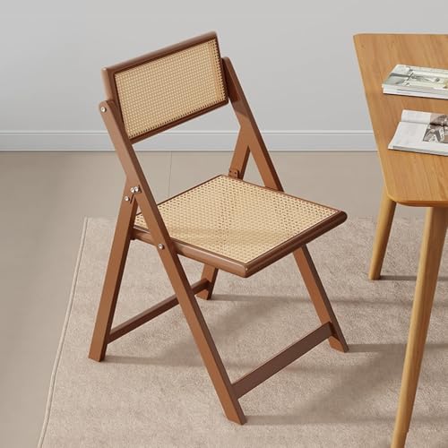 Rattan Chair Wooden Folding Dining Chair with Backrest Reversible Portable Desk Chair Iron Frame,Indoor Otdoor Event Chair Waitting Room Chair(Walnut)