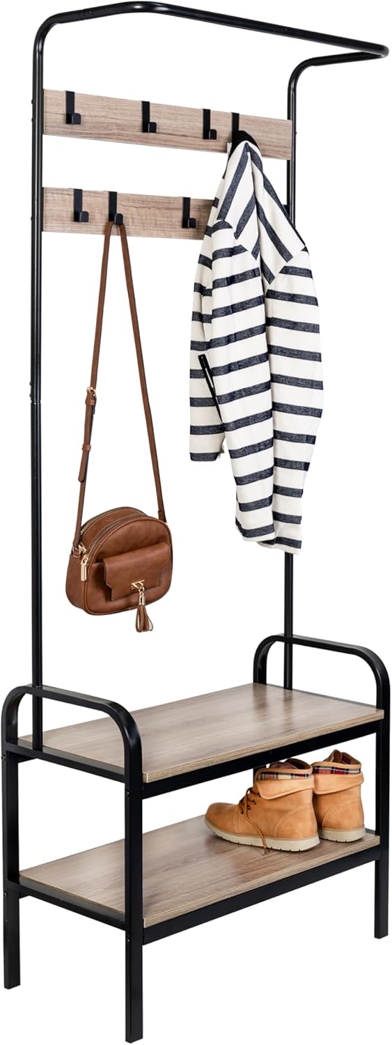 Honey-Can-Do Entryway Bench with Coat Hooks and Shoe Storage, Willow Gray SHF-08746 Black