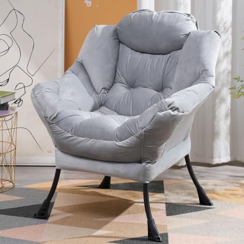 Modern Fabric Large Lazy Chair, Accent Oversized Comfy Reading Chair, Thick Padded Cozy Lounge Chair with Armrest, Steel Frame Leisure Sofa Chair for Living Room, Bedroom, Dorm (Light Gray)