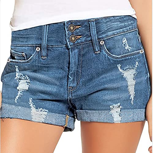 Womens High Waisted Stretchy Denim Shorts Casual Summer Frayed Raw Hem Distressed Ripped Short Jeans