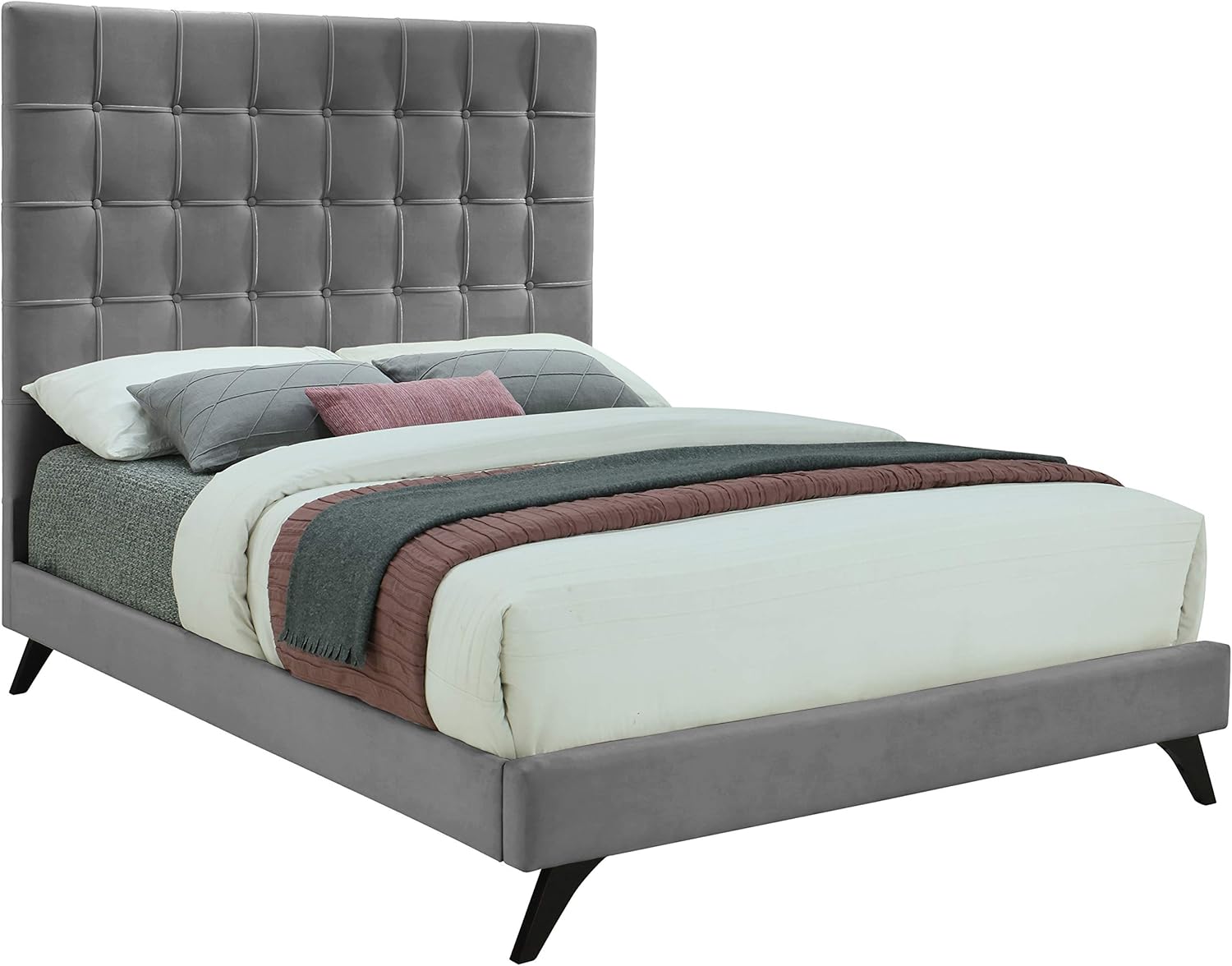 Meridian Furniture Elly Collection Modern | Contemporary Velvet Upholstered Bed with Deep Button Tufting and Custom Espresso Wood Legs, Queen, Grey