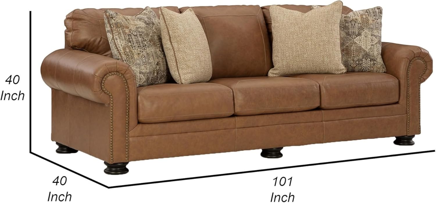 Benjara Riana 101 Inch Sofa, 4 Accent Pillows, Caramel Leather, Brown, Black and Ivory