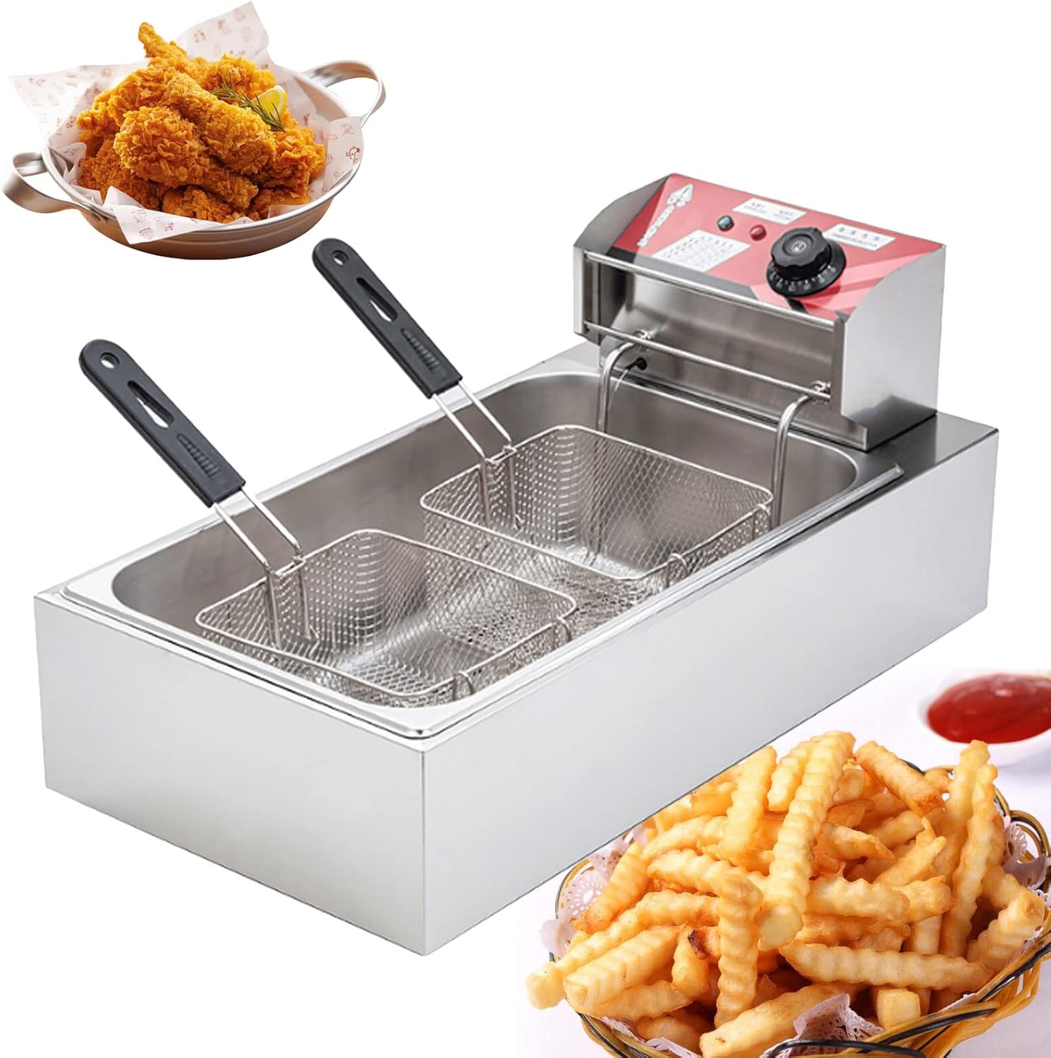 3000W Electric Deep Fat Fryer, 12L Double Fryer with Lids and 2 Oil Basketes, 60-250°C Adjustable Temperature, Easy Clean Removable Basket, Lid & Non-Slip Feet, for Home Commercial